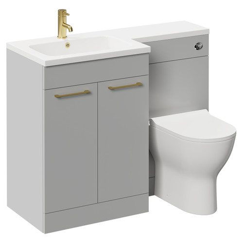 Napoli Combination Gloss Grey Pearl 1100mm Vanity Unit Toilet Suite with Left Hand L Shaped 1 Tap Hole Round Basin and 2 Doors with Brushed Brass Handles Left Hand Side View