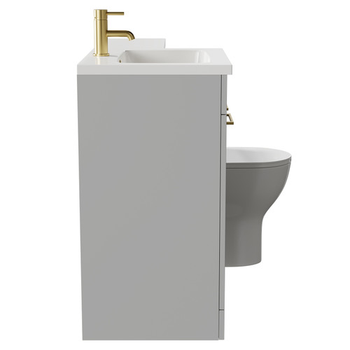 Napoli Combination Gloss Grey Pearl 1100mm Vanity Unit Toilet Suite with Left Hand L Shaped 1 Tap Hole Round Basin and 2 Doors with Brushed Brass Handles Side on View