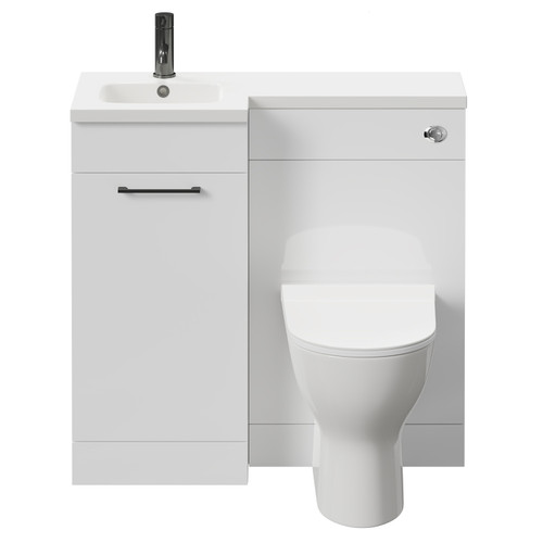 Napoli Combination Gloss White 900mm Vanity Unit Toilet Suite with Left Hand L Shaped 1 Tap Hole Round Basin and Single Door with Gunmetal Grey Handle Front View