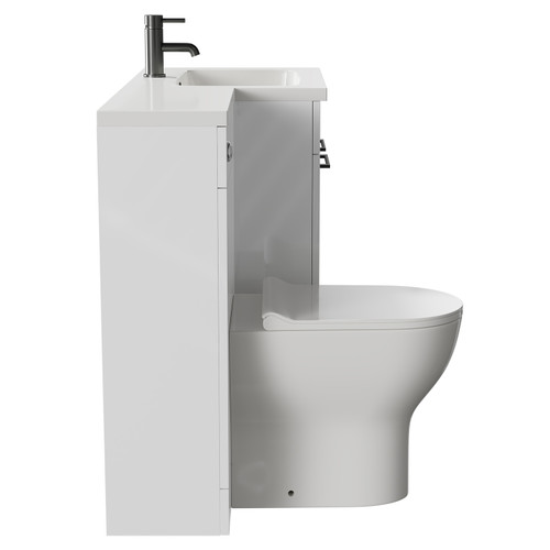 Napoli Combination Gloss White 1100mm Vanity Unit Toilet Suite with Right Hand L Shaped 1 Tap Hole Round Basin and 2 Doors with Gunmetal Grey Handles Side on View