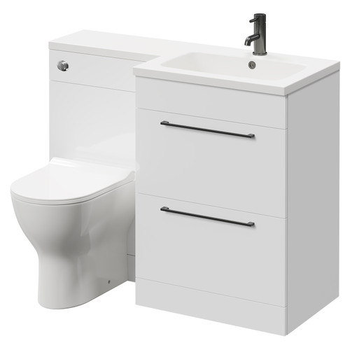 Napoli Combination Gloss White 1100mm Vanity Unit Toilet Suite with Right Hand L Shaped 1 Tap Hole Round Basin and 2 Drawers with Gunmetal Grey Handles Right Hand Side View