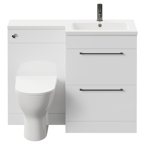 Napoli Combination Gloss White 1100mm Vanity Unit Toilet Suite with Right Hand L Shaped 1 Tap Hole Round Basin and 2 Drawers with Gunmetal Grey Handles Front View