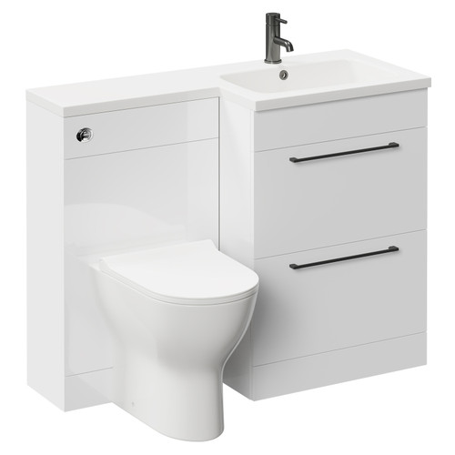 Napoli Combination Gloss White 1100mm Vanity Unit Toilet Suite with Right Hand L Shaped 1 Tap Hole Round Basin and 2 Drawers with Gunmetal Grey Handles Left Hand Side View