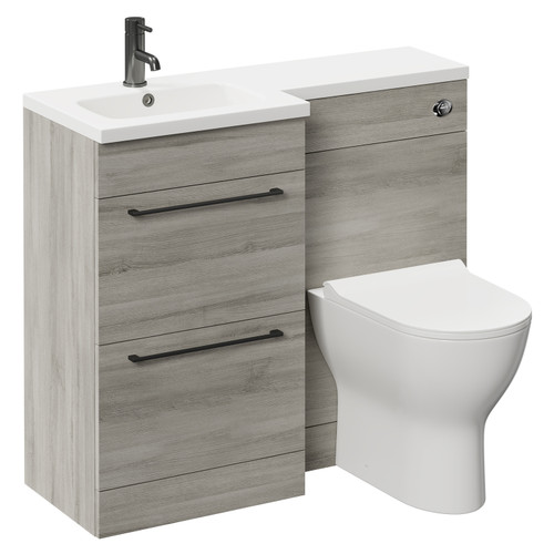 Napoli Combination Molina Ash 1000mm Vanity Unit Toilet Suite with Left Hand L Shaped 1 Tap Hole Round Basin and 2 Drawers with Gunmetal Grey Handles Left Hand View