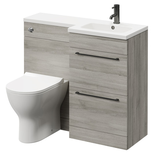 Napoli Combination Molina Ash 1000mm Vanity Unit Toilet Suite with Right Hand L Shaped 1 Tap Hole Round Basin and 2 Drawers with Gunmetal Grey Handles Right Hand Side View