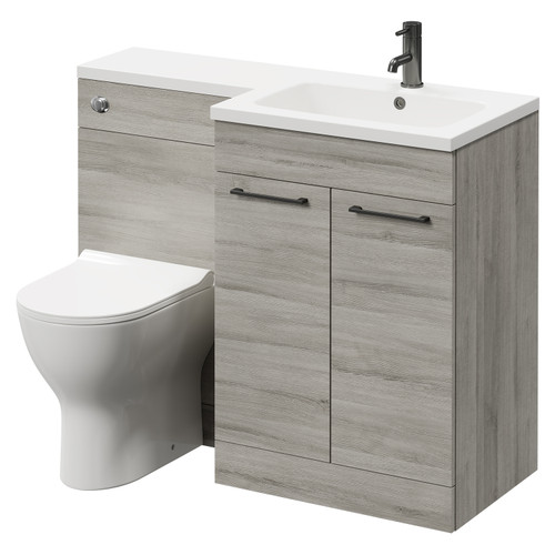 Napoli Combination Molina Ash 1100mm Vanity Unit Toilet Suite with Right Hand L Shaped 1 Tap Hole Round Basin and 2 Doors with Gunmetal Grey Handles Right Hand Side View