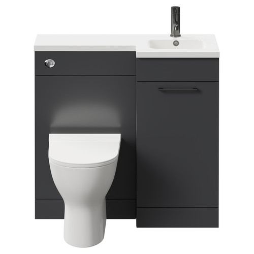Napoli Combination Gloss Grey 900mm Vanity Unit Toilet Suite with Right Hand L Shaped 1 Tap Hole Round Basin and Single Door with Gunmetal Grey Handle Front View