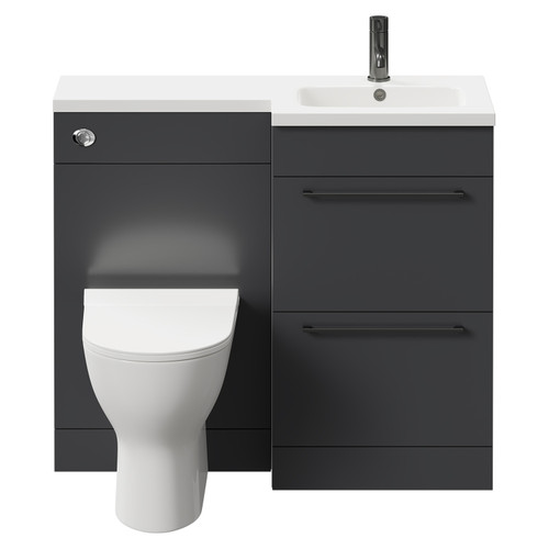 Napoli Combination Gloss Grey 1000mm Vanity Unit Toilet Suite with Right Hand L Shaped 1 Tap Hole Round Basin and 2 Drawers with Gunmetal Grey Handles Front View