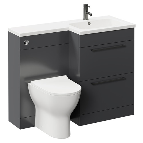 Napoli Combination Gloss Grey 1100mm Vanity Unit Toilet Suite with Right Hand L Shaped 1 Tap Hole Round Basin and 2 Drawers with Gunmetal Grey Handles Left Hand Side View