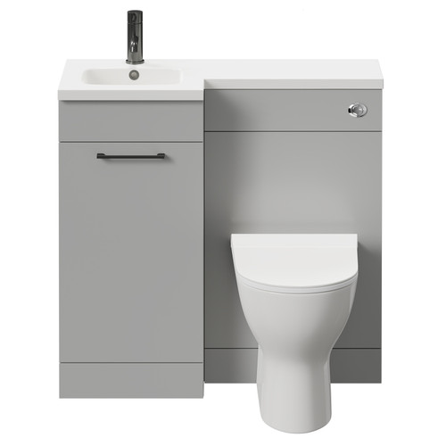 Napoli Combination Gloss Grey Pearl 900mm Vanity Unit Toilet Suite with Left Hand L Shaped 1 Tap Hole Round Basin and Single Door with Gunmetal Grey Handle Front View