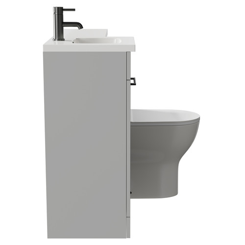 Napoli Combination Gloss Grey Pearl 900mm Vanity Unit Toilet Suite with Left Hand L Shaped 1 Tap Hole Round Basin and Single Door with Gunmetal Grey Handle Side on View