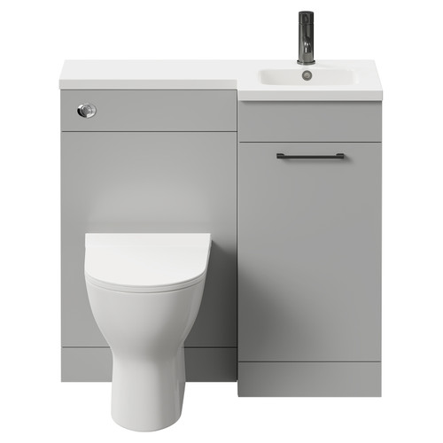 Napoli Combination Gloss Grey Pearl 900mm Vanity Unit Toilet Suite with Right Hand L Shaped 1 Tap Hole Round Basin and Single Door with Gunmetal Grey Handle Front View