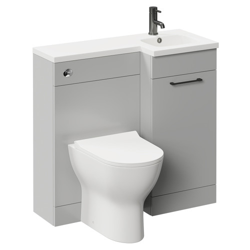 Napoli Combination Gloss Grey Pearl 900mm Vanity Unit Toilet Suite with Right Hand L Shaped 1 Tap Hole Round Basin and Single Door with Gunmetal Grey Handle Left Hand Side View