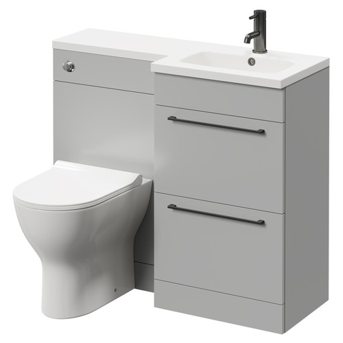 Napoli Combination Gloss Grey Pearl 1000mm Vanity Unit Toilet Suite with Right Hand L Shaped 1 Tap Hole Round Basin and 2 Drawers with Gunmetal Grey Handles Right Hand Side View