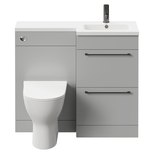 Napoli Combination Gloss Grey Pearl 1000mm Vanity Unit Toilet Suite with Right Hand L Shaped 1 Tap Hole Round Basin and 2 Drawers with Gunmetal Grey Handles Front View