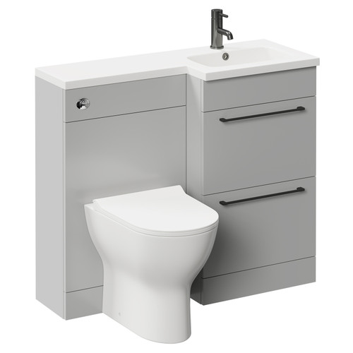 Napoli Combination Gloss Grey Pearl 1000mm Vanity Unit Toilet Suite with Right Hand L Shaped 1 Tap Hole Round Basin and 2 Drawers with Gunmetal Grey Handles Left Hand Side View