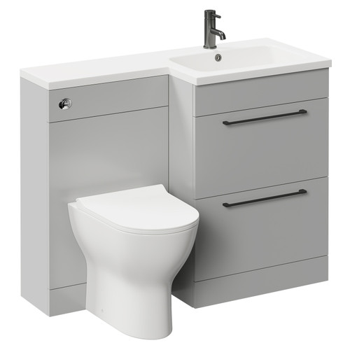 Napoli Combination Gloss Grey Pearl 1100mm Vanity Unit Toilet Suite with Right Hand L Shaped 1 Tap Hole Round Basin and 2 Drawers with Gunmetal Grey Handles Left Hand Side View