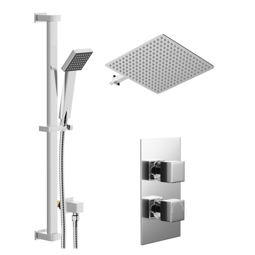 Cubix Polished Chrome Concealed Twin Thermostatic Shower Valve with Diverter and 400mm Square Head with 345mm Wall Arm and Thames Slide Rail Kit - 2 Outlet Left Hand View