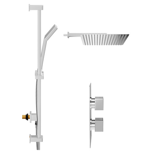 Cubix Polished Chrome Concealed Twin Thermostatic Shower Valve with Diverter and 400mm Square Head with 345mm Wall Arm and Thames Slide Rail Kit - 2 Outlet View from Side