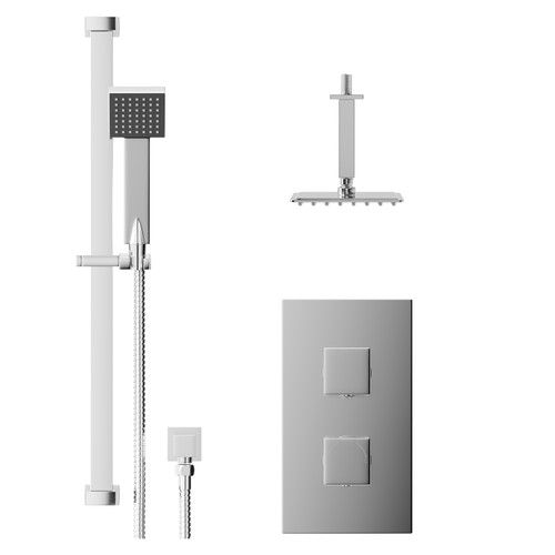 Cubix Polished Chrome Concealed Twin Thermostatic Shower Valve with Diverter and 200mm Square Head with 150mm Ceiling Arm and Thames Slide Rail Kit - 2 Outlet Front View