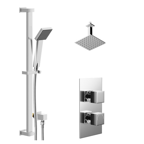 Cubix Polished Chrome Concealed Twin Thermostatic Shower Valve with Diverter and 200mm Square Head with 150mm Ceiling Arm and Thames Slide Rail Kit - 2 Outlet Left Hand View