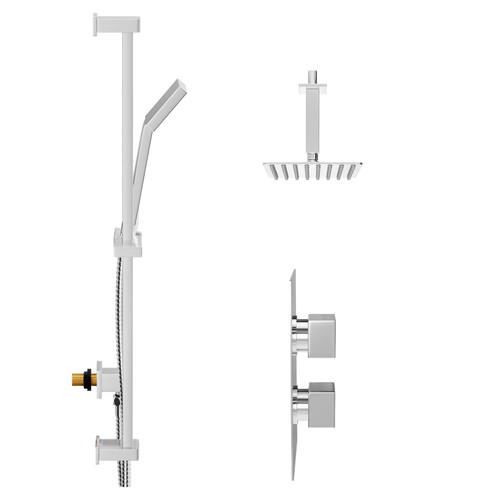 Cubix Polished Chrome Concealed Twin Thermostatic Shower Valve with Diverter and 200mm Square Head with 150mm Ceiling Arm and Thames Slide Rail Kit - 2 Outlet View from Side