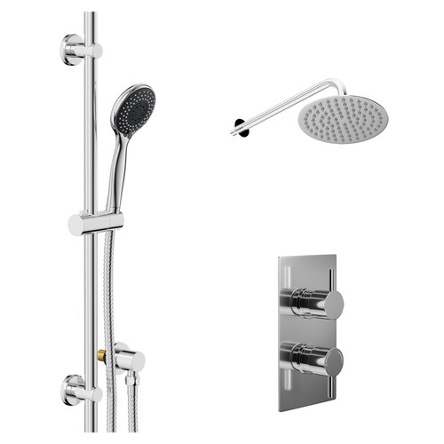 Circo Polished Chrome Concealed Twin Thermostatic Shower Valve with Diverter and 200mm Round Head with 345mm Wall Arm and Clyde Slide Rail Kit - 2 Outlet Left Hand View