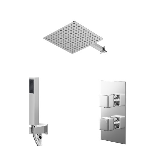 Cubix Polished Chrome Concealed Twin Thermostatic Shower Valve with Diverter and 300mm Square Head with 345mm Wall Arm and Outlet Holder with Kit - 2 Outlet Right Hand View