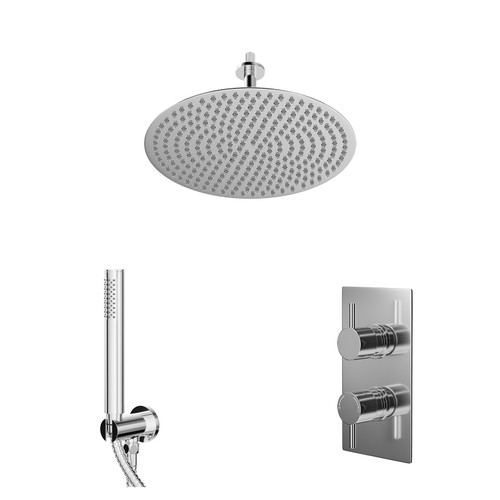 Circo Polished Chrome Concealed Twin Thermostatic Shower Valve with Diverter and 400mm Round Head with 150mm Ceiling Arm and Outlet Holder with Kit - 2 Outlet Right Hand View