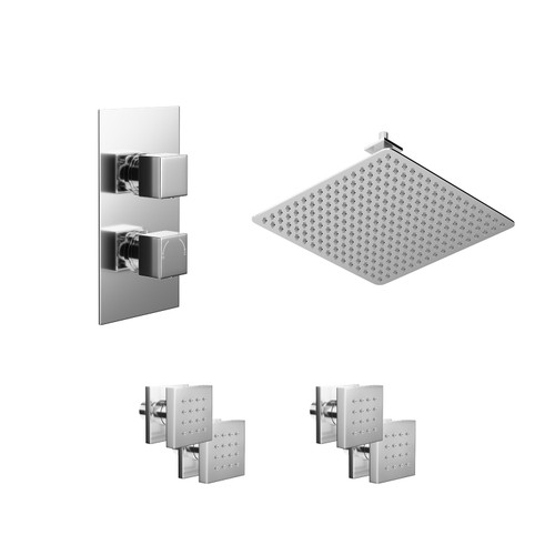 Cubix Polished Chrome Concealed Twin Thermostatic Shower Valve with Diverter and 400mm Square Head with 150mm Ceiling Arm and 4 Body Jets - 2 Outlet Left Hand View