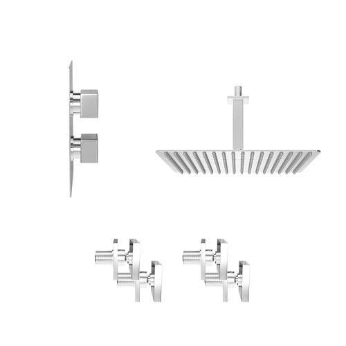 Cubix Polished Chrome Concealed Twin Thermostatic Shower Valve with Diverter and 400mm Square Head with 150mm Ceiling Arm and 4 Body Jets - 2 Outlet View from Side