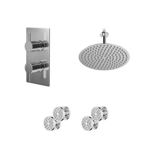 Circo Polished Chrome Concealed Twin Thermostatic Shower Valve with Diverter and 300mm Round Head with 150mm Ceiling Arm and 4 Body Jets - 2 Outlet Right Hand View