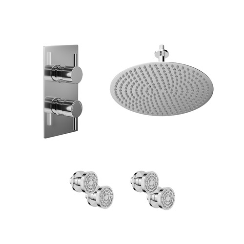 Circo Polished Chrome Concealed Twin Thermostatic Shower Valve with Diverter and 400mm Round Head with 150mm Ceiling Arm and 4 Body Jets - 2 Outlet Left Hand View