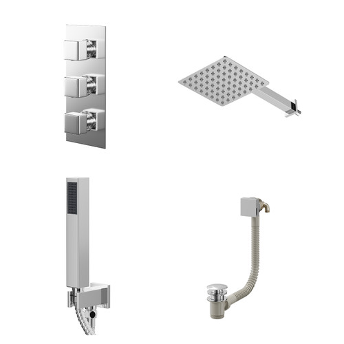 Cubix Polished Chrome Concealed Triple Thermostatic Shower Valve with Diverter and 200mm Square Head with 345mm Wall Arm and Outlet Holder with Kit and Free-Flow Bath Filler - 3 Outlet Right Hand View