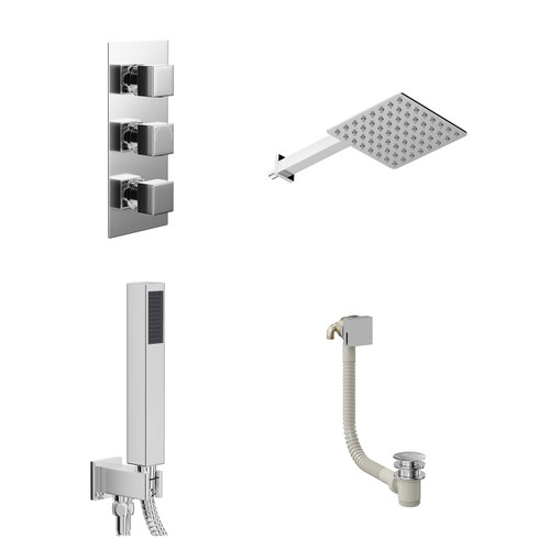 Cubix Polished Chrome Concealed Triple Thermostatic Shower Valve with Diverter and 200mm Square Head with 345mm Wall Arm and Outlet Holder with Kit and Free-Flow Bath Filler - 3 Outlet Left Hand View