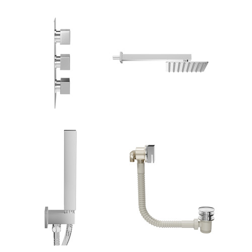 Cubix Polished Chrome Concealed Triple Thermostatic Shower Valve with Diverter and 200mm Square Head with 345mm Wall Arm and Outlet Holder with Kit and Free-Flow Bath Filler - 3 Outlet View from Side