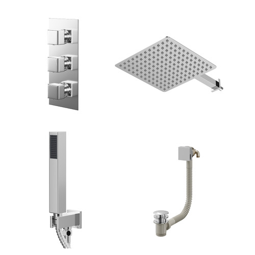 Cubix Polished Chrome Concealed Triple Thermostatic Shower Valve with Diverter and 300mm Square Head with 345mm Wall Arm and Outlet Holder with Kit and Free-Flow Bath Filler - 3 Outlet Right Hand View
