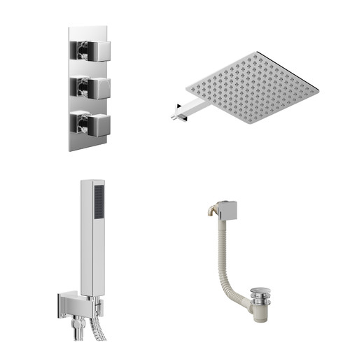Cubix Polished Chrome Concealed Triple Thermostatic Shower Valve with Diverter and 300mm Square Head with 345mm Wall Arm and Outlet Holder with Kit and Free-Flow Bath Filler - 3 Outlet Left Hand View