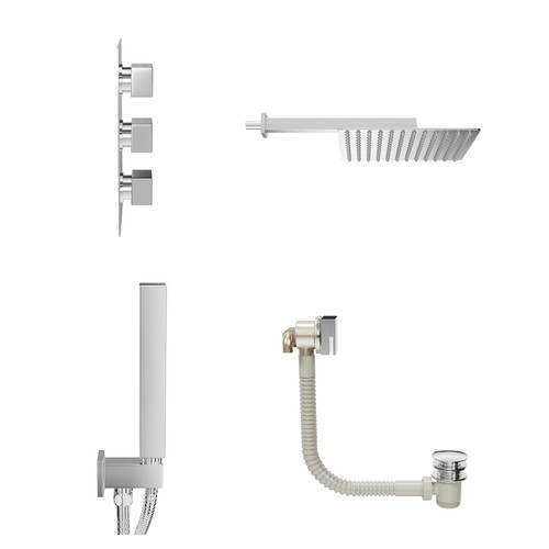 Cubix Polished Chrome Concealed Triple Thermostatic Shower Valve with Diverter and 300mm Square Head with 345mm Wall Arm and Outlet Holder with Kit and Free-Flow Bath Filler - 3 Outlet View from Side