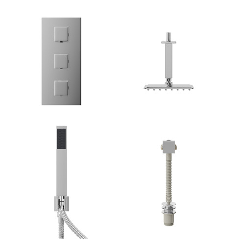 Cubix Polished Chrome Concealed Triple Thermostatic Shower Valve with Diverter and 200mm Square Head with 150mm Ceiling Arm and Outlet Holder with Kit and Free-Flow Bath Filler - 3 Outlet Front View