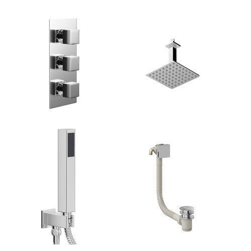 Cubix Polished Chrome Concealed Triple Thermostatic Shower Valve with Diverter and 200mm Square Head with 150mm Ceiling Arm and Outlet Holder with Kit and Free-Flow Bath Filler - 3 Outlet Left Hand View