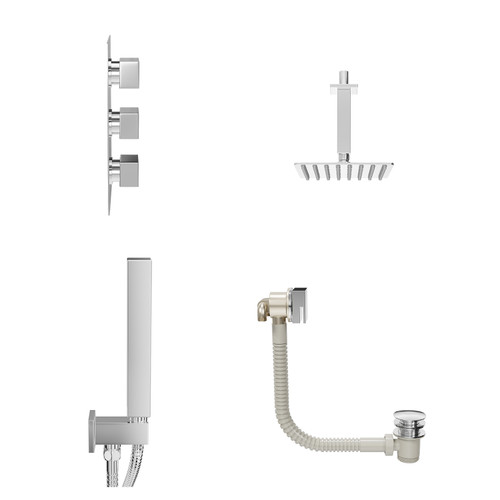 Cubix Polished Chrome Concealed Triple Thermostatic Shower Valve with Diverter and 200mm Square Head with 150mm Ceiling Arm and Outlet Holder with Kit and Free-Flow Bath Filler - 3 Outlet View from Side