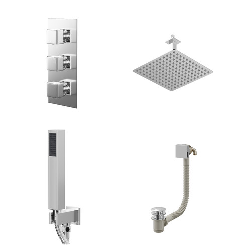 Cubix Polished Chrome Concealed Triple Thermostatic Shower Valve with Diverter and 300mm Square Head with 150mm Ceiling Arm and Outlet Holder with Kit and Free-Flow Bath Filler - 3 Outlet Right Hand View