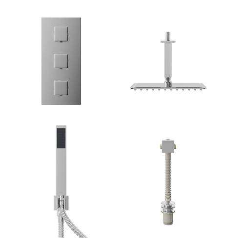 Cubix Polished Chrome Concealed Triple Thermostatic Shower Valve with Diverter and 300mm Square Head with 150mm Ceiling Arm and Outlet Holder with Kit and Free-Flow Bath Filler - 3 Outlet Front View