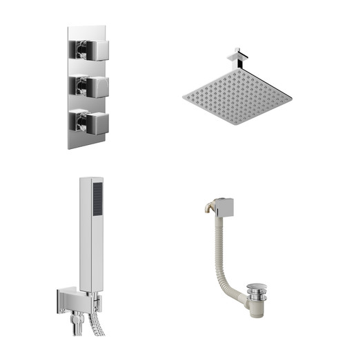 Cubix Polished Chrome Concealed Triple Thermostatic Shower Valve with Diverter and 300mm Square Head with 150mm Ceiling Arm and Outlet Holder with Kit and Free-Flow Bath Filler - 3 Outlet Left Hand View