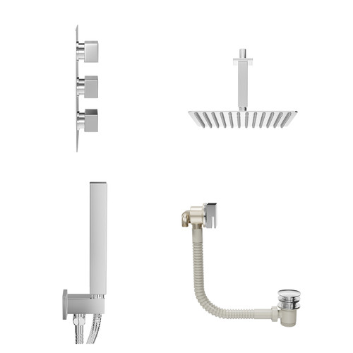 Cubix Polished Chrome Concealed Triple Thermostatic Shower Valve with Diverter and 300mm Square Head with 150mm Ceiling Arm and Outlet Holder with Kit and Free-Flow Bath Filler - 3 Outlet View from Side
