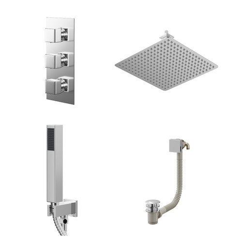 Cubix Polished Chrome Concealed Triple Thermostatic Shower Valve with Diverter and 400mm Square Head with 150mm Ceiling Arm and Outlet Holder with Kit and Free-Flow Bath Filler - 3 Outlet Right Hand View