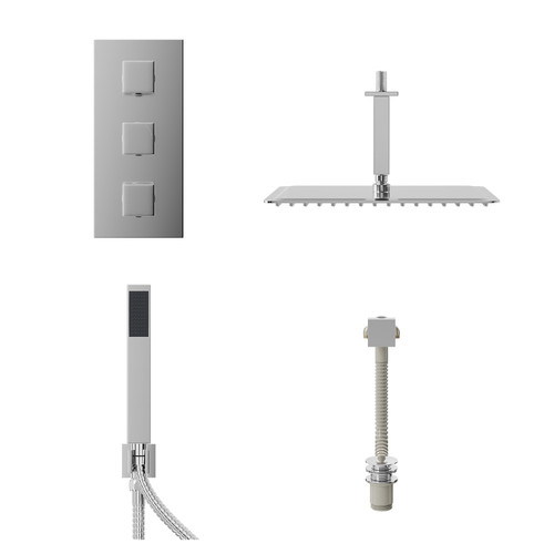 Cubix Polished Chrome Concealed Triple Thermostatic Shower Valve with Diverter and 400mm Square Head with 150mm Ceiling Arm and Outlet Holder with Kit and Free-Flow Bath Filler - 3 Outlet Front View