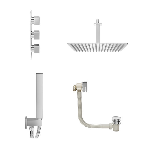 Cubix Polished Chrome Concealed Triple Thermostatic Shower Valve with Diverter and 400mm Square Head with 150mm Ceiling Arm and Outlet Holder with Kit and Free-Flow Bath Filler - 3 Outlet View from Side