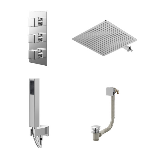 Cubix Polished Chrome Concealed Triple Thermostatic Shower Valve with Diverter and 400mm Square Head with 345mm Wall Arm and Outlet Holder with Kit and Free-Flow Bath Filler - 3 Outlet Right Hand View